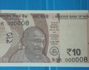 Rare Indian 10 Rupees Uncirculated Banknote with Chinese Lucky Serial Number 000008