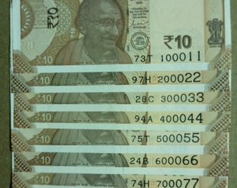 India Gandhi 10 Rupee Banknotes, Fancy Number Set