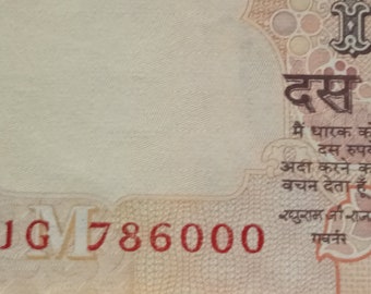 Rare Indian 10 Rupees Banknote with Lucky Number 786000 - UNC Old Pattern Note"