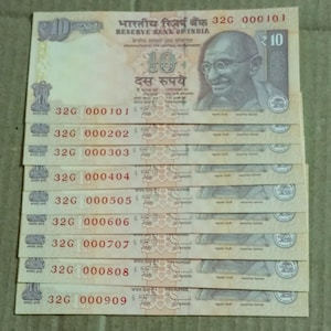 India Gandhi 10 Rs/-currency|banknotes/Bills from 000101 to 000909 Unc Old Pattern Banknotes/Currency Bills