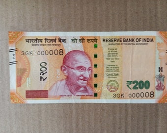 Indian 200 Rupees Banknote - Low Serial Number 000008