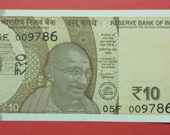 India Gandhi 10Rs/Low Serial Holy Lucky Number Ending 786 Unc Banknote/Currency 009786