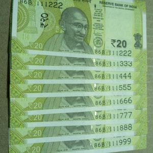 Valuta rupia Vecchia moneta Banconote UNC, Reserve Bank of India e valuta 20 rupie 8 numeri di fantasia 111222-111999 Note per collezionisti di denaro
