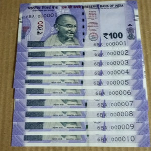 Collezione GEM UNC: India 100 Rs Set con numeri di serie 000001-000010
