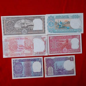 Kolekcja indyjskich banknotów zabytkowych - 6 oryginalnych nieobiegowych banknotów (10 rupii Czarna łódź, 10 rupii Shalimar, 5 rupii Traktor, 2 rupii Tygrys, 1 rupii (2)
