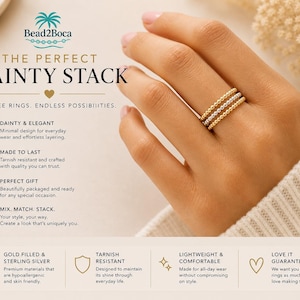May include: Three delicate rings, one silver and two gold, are stacked on a hand. The rings are beaded and appear to be gold-filled and sterling silver. The image includes text that reads "The Perfect Dainty Stack" and highlights features like tarnish resistance and lightweight comfort.