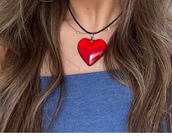 Large red glass heart necklace, big red heart necklace, leather necklace, large heart pendant, gift for her, gift for mom, gift for wife