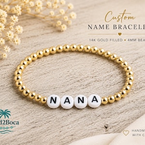 Pulseira personalizada com nome, banhada a ouro 14K, com contas de 4 mm. Pulseira personalizada com nome, pulseira para mãe, presente para avó, pulseira para vovó. Presente personalizado.