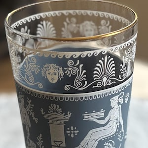 Vintage Jasperware Style Blue Glass Tumbler Greek Roman Cameo Decor Gold Rim