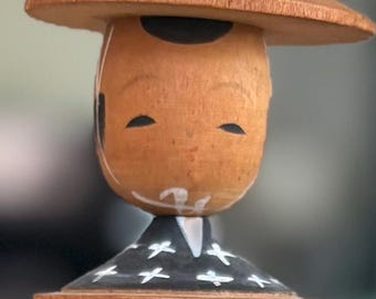 Vintage Kokeshi Bobblehead Doll Hand Painted Japanese Wooden Figurine Mini Folk Art Decor