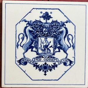 Vintage Delft Holland Rotterdam Coat of Arms Tile • Blue & White Dutch Ceramic Wall Tile • Crazed Delftware Nautical Decor