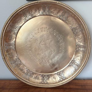 Vintage Footed Brass Tray 16 Inch - Etched Dragon Design - Open Work - Decorative