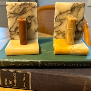 Vintage Natural Stone Bookends • Marble Alabaster Onyx Book Shaped Pair • Heavy 15.5 oz • Retro Library Decor