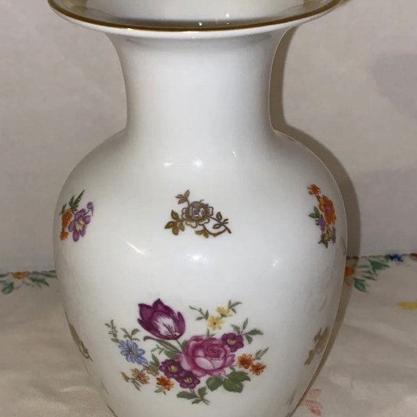 MCM Fine China Vase  - Vintage Reichenbach 7 inch Height White with Gold and Flower Details