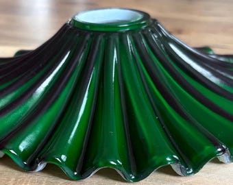 Vintage Emerald Green Glass Pendant Light Shade, Ribbed Scalloped Replacement Shade, 1.25 Fitter