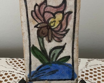 Vintage Weathered & Worn Handpainted Stoneware Decorative Small Tile with Felt Backing - Floral Art Decor