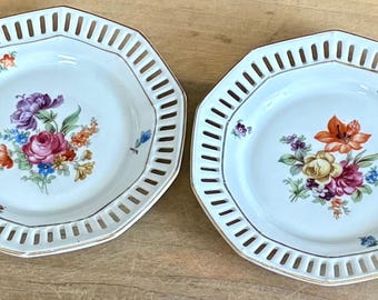 Vintage Bavarian Floral Dessert Plates Pair Pierced Rim Gold Trim Small Porcelain Plates