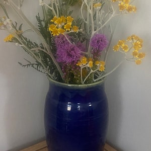 Handmade Cobalt Blue Glazed Pottery Vase • Vintage Well Crock Vessel • 8.25” Signed