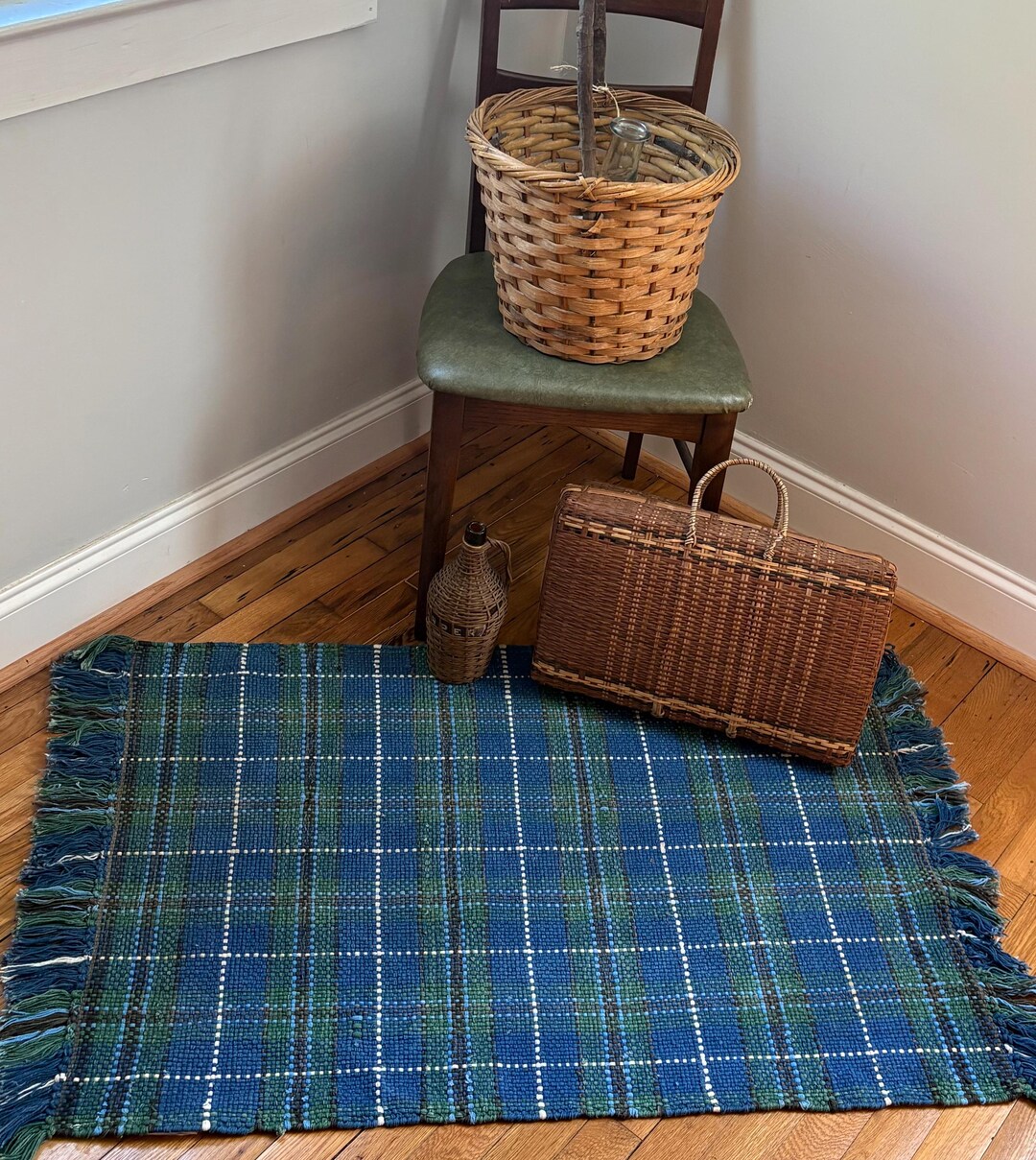 Vintage LL Bean Dhurrie Rug Cottage Plaid 30x48 Blue Green Handwoven ...