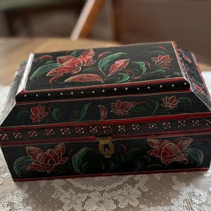 Vintage Hand-Painted Wooden Box - Black Lacquer with Red Floral Design, Decorative Storage • With Age & Wear