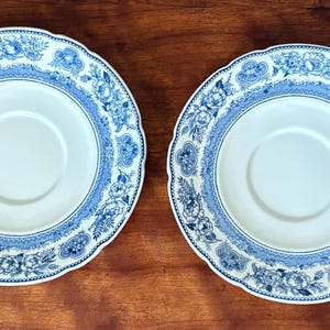 Vintage Aged Pair (2) Wedgwood Etruria Blue & White Transferware Saucers • The Branford Founder’s House of 1701 - Yale Collection