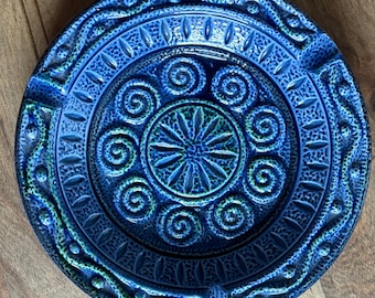 Vintage Cobalt Blue Ceramic Ashtray Made in Japan, Large Textured Spiral Sunburst Dish
