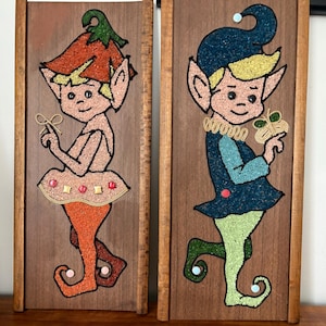 Mid Century Modern Gravel Art Elves Wall Decor Pair • Colorful Vintage Pixies - 1960s Kitsch