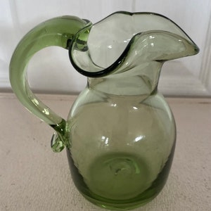 Vintage Green Glass Hand-Blown Pitcher Creamer Vase - 5.5” Height, Unique Applied Handle