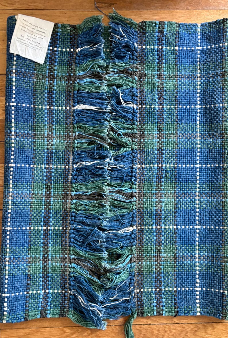 Vintage LL Bean Dhurrie Rug Cottage Plaid 30x48 Blue Green Handwoven ...