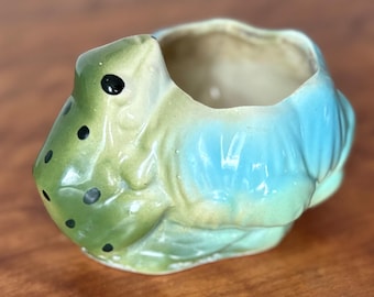 Aged Vintage Frog Planter  Green Ceramic Frog Pot Mid Century