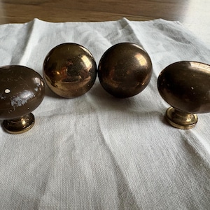 Vintage Solid Brass Mushroom Drawer Pulls Set of 4 • Round Cabinet Knobs • Aged Brass Furniture Hardware