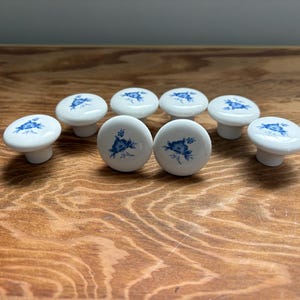 Vintage Blue and White Floral Ceramic Drawer Knobs Set of 8, Cottage Cabinet Hardware, Japan
