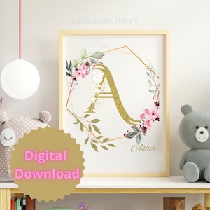 Custom kids name, custom print, flower name printable, personalized print, personalized initial print, baby name, wall art. Digital download