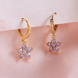 Crystal Flower Huggie Earrings Hoop Earrings Cute Earrings Floral Earrings