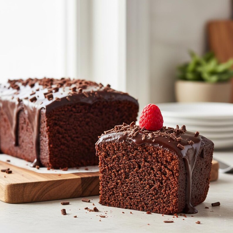 K&ouml;nnte beinhalten: Zwei Scheiben Schokoladenkuchen mit Schokoladenglasur und Schokoladenraspeln. Eine Scheibe ist mit einer frischen roten Himbeere belegt. Der Kuchen liegt auf einem Holzschneidebrett.