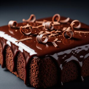 K&ouml;nnte beinhalten: Ein quadratischer Schokoladenkuchen mit gl&auml;nzender dunkler Schokoladen-Ganache und Schokoladenlocken. Der Kuchen hat eine tiefbraune Farbe, wobei die Ganache an den Seiten herunterl&auml;uft. Schokoladenraspeln sind obenauf verstreut.