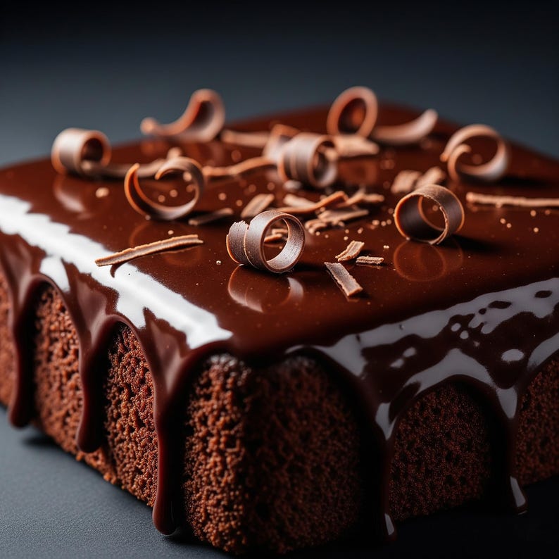 K&ouml;nnte beinhalten: Ein quadratischer Schokoladenkuchen mit gl&auml;nzender dunkler Schokoladen-Ganache und Schokoladenlocken. Der Kuchen hat eine tiefbraune Farbe, wobei die Ganache an den Seiten herunterl&auml;uft. Schokoladenraspeln sind obenauf verstreut.