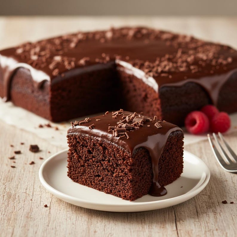 K&ouml;nnte beinhalten: Ein quadratischer Schokoladenkuchen mit einem herausgeschnittenen St&uuml;ck, bedeckt mit Schokoladenfrosting und Schokoladenraspeln. Ein St&uuml;ck Kuchen liegt auf einem wei&szlig;en Teller und ist mit Frosting betr&auml;ufelt. Himbeeren und eine Gabel sind im Hintergrund.