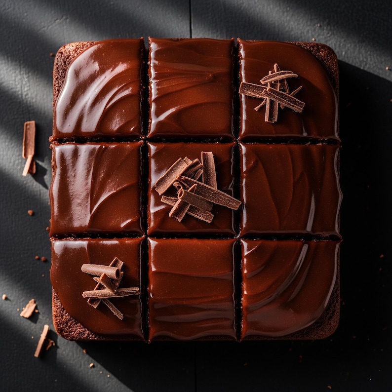 K&ouml;nnte beinhalten: Quadratischer Schokoladenkuchen, in neun St&uuml;cke geschnitten, mit gl&auml;nzendem Schokoladen&uuml;berzug und Schokoladenraspeln. Der Kuchen liegt auf einer dunklen Oberfl&auml;che.