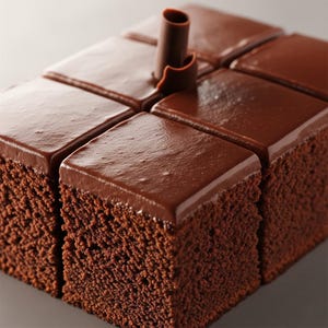 K&ouml;nnte beinhalten: Sechs quadratische Schokoladenkuchen mit gl&auml;nzendem Schokoladenfrosting. Eine Schokoladenlocke verziert die Oberseite eines Kuchens. Die Kuchen haben eine satte, dunkelbraune Farbe und ein strukturiertes Aussehen, was auf einen feuchten, k&ouml;stlichen Leckerbissen hindeutet.