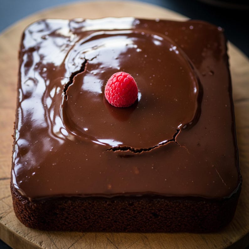 K&ouml;nnte beinhalten: Ein quadratischer Schokoladenkuchen mit gl&auml;nzendem Schokoladen-Ganache-Belag. Eine einzelne rote Himbeere sitzt auf dem Kuchen. Der Kuchen liegt auf einem h&ouml;lzernen Schneidebrett.