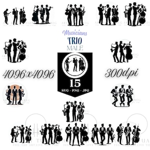Jazz Trio Silhouette Print: Black and White Musician Art (Digital Download, SVG, PNG, JPG)