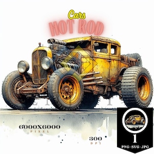 Retro Hot Rod Car Watercolor Print - Aİ Generated, Retro Hot Rod Decor - Yellow Rat Rod, Garage Poster - Gift for Car Enthusiasts, Printable