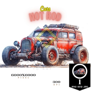 Retro Hot Rod Car Watercolor Print - AI Generated - Retro Hot Rod Decor - Red Garage Poster - Gift for Car Enthusiasts, Rat Rod SVG