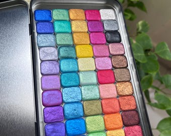 Handmade Metallic Watercolor Paints, 50 Quarter Pans Set