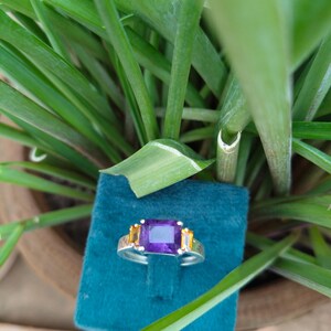 May include: A silver ring with a large, square, deep purple gemstone at the center, flanked by two smaller, rectangular, yellow-orange stones. The ring is displayed on a teal velvet surface, surrounded by green plant leaves.