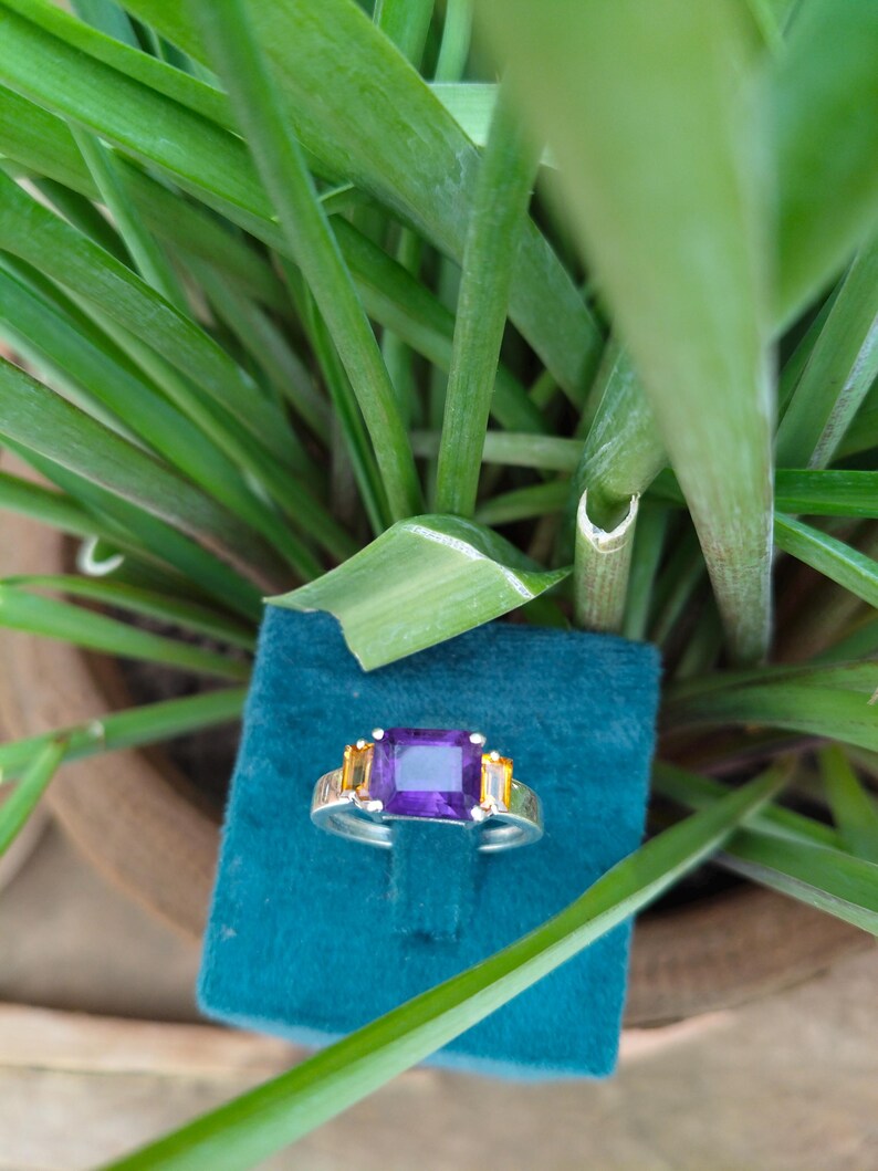 May include: A silver ring with a large, square, deep purple gemstone at the center, flanked by two smaller, rectangular, yellow-orange stones. The ring is displayed on a teal velvet surface, surrounded by green plant leaves.