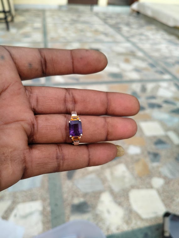 Naturel Amethyst & Citrine Ring, 925 Sterling Silver February Birthstone Ring, Emerald Cut Gemstone Ring, Valentine Gift Jewellery,