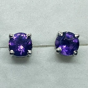 Amethyst Stud Earrings 925 Sterling Silver, Round Purple Gemstone Earrings, Minimalist Studs, February Birthstone Gift for Her