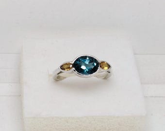 London Blue Topaz and Citrine Ring Sterling Silver 925,Two Stone Gemstone Ring ,December & November Birthstone Jewelry,Handmade Gift for Her